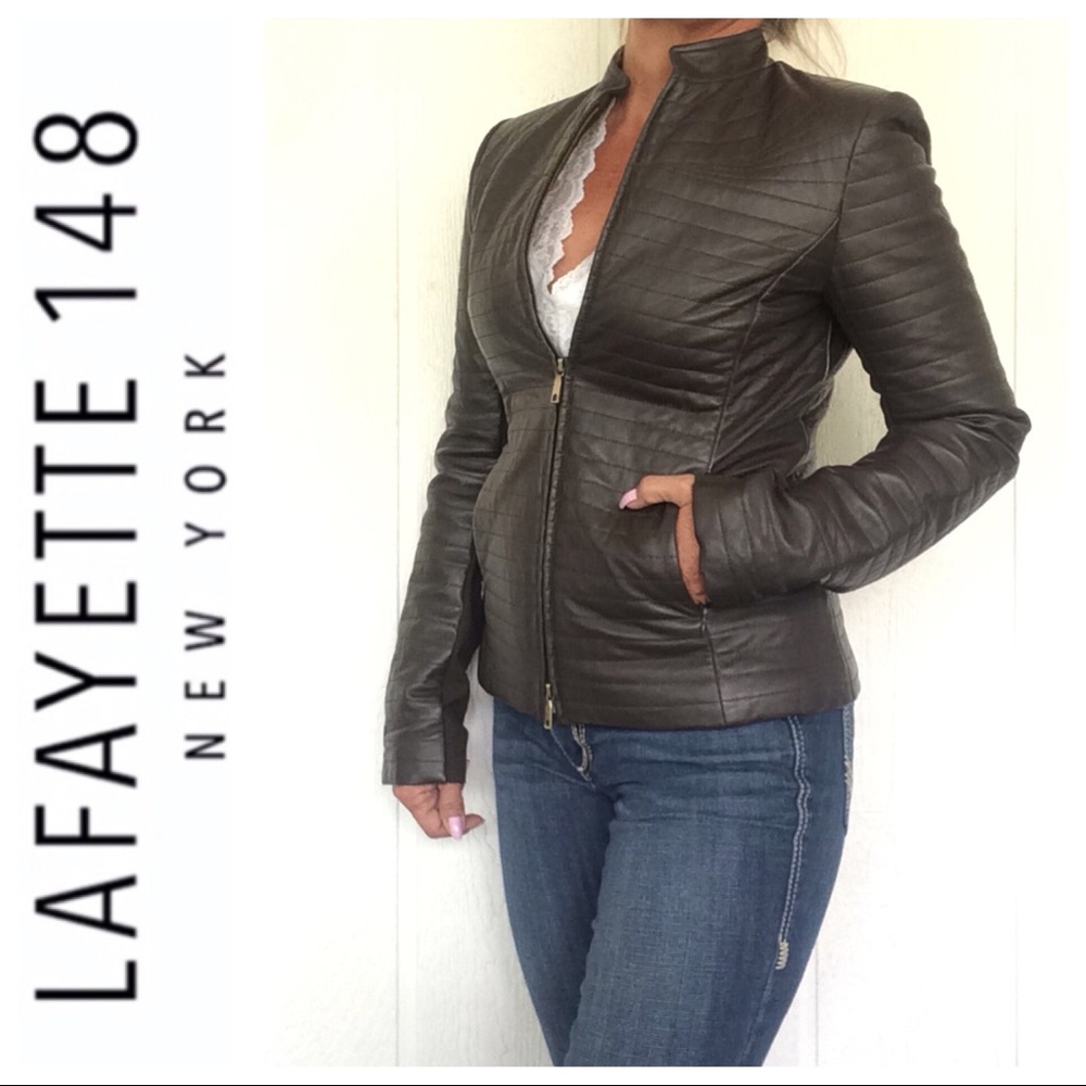 LAFAYETTE 148 BROWN LAMBSKIN LEATHER QUILTED JACKET…